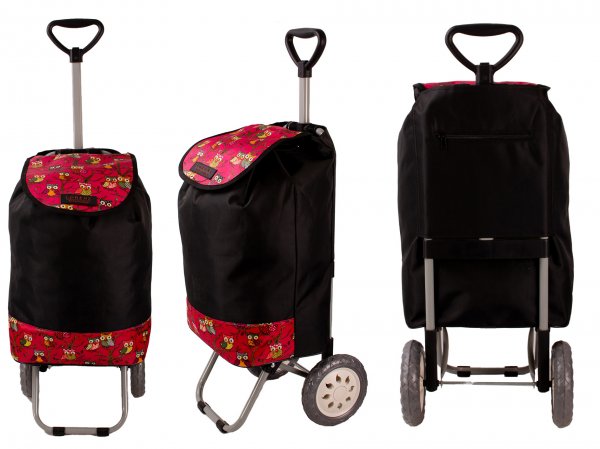 6957/S BLACK WITH PINK OWL Shopping Trolley Adjustable Handle