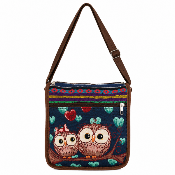 LL-182 OWL PRINT BLUE CANVAS BAG