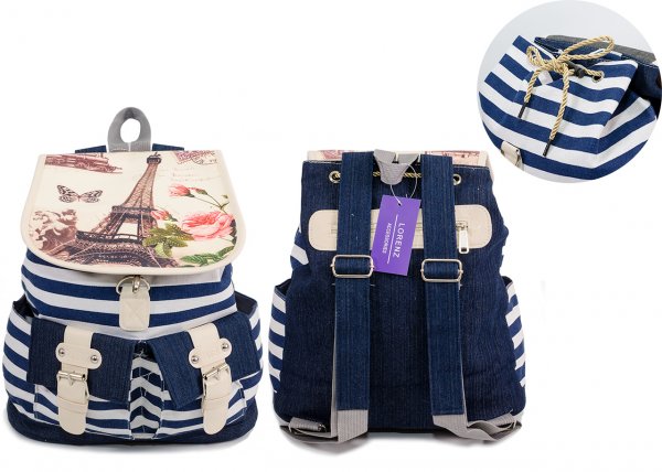 2606 BOHO CANVAS BACKPACK WITH 2 FRONT POCK Paris - Blue Stripe