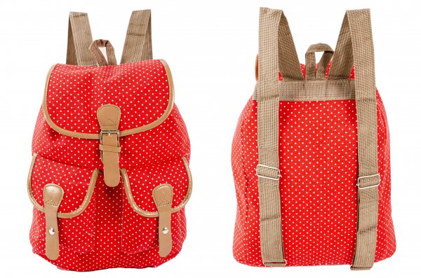 2610 RED WHITE DOT CANVAS BACKPACK WITH 2 FRONT POCKETS