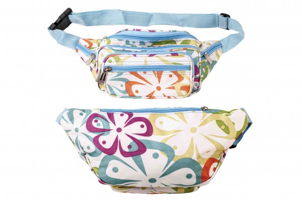 8056 WHITE BLUE ORANGE FLOWER BUMBAG W/7 ZIPS