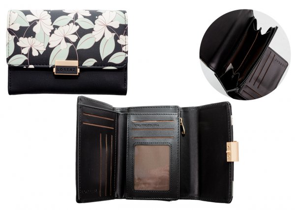 7237 MEDIUM PURSE IN GRAINED PU W/ FLORAL PRINT BLACK