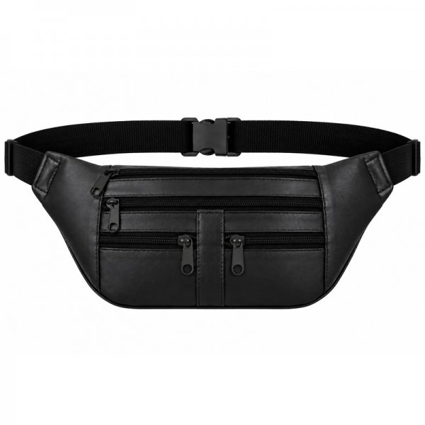 BB-05 Black Leather Bum Bag/Waist Bag W/5 Zips (New)