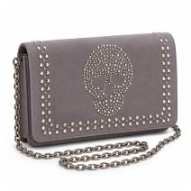 49P69K Grey Diamante Skull Clutch Bag with Chain Strap