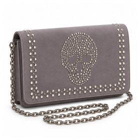 49P69K Grey Diamante Skull Clutch Bag with Chain Strap