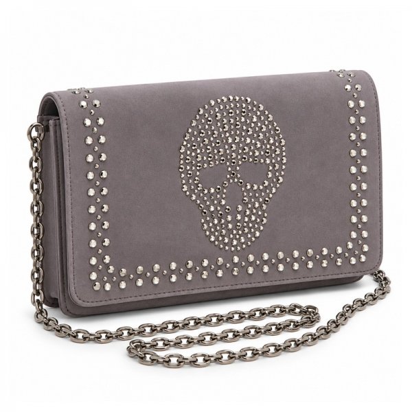 49P69K Grey Diamante Skull Clutch Bag with Chain Strap
