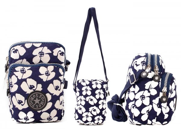 LL-9P WHITE/NAVY FLOWERS METRO SHOULDER POUCH WITH 3 ZIP COMPART