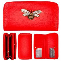 7109 RED LONG ZIP ROUND PU PURSE WITH BEE EMBELLISHED