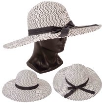 8750 IVORY/BLACK LADIES WIDE BRIM SUN HAT WITH RIBBON