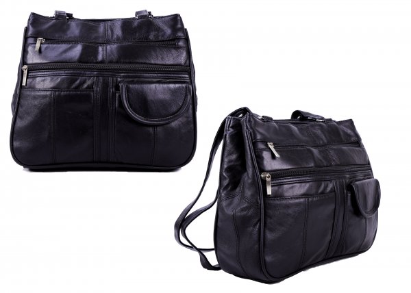 EV1002 BLACK LEATHER HANDBAG W/ 7 POCKETS