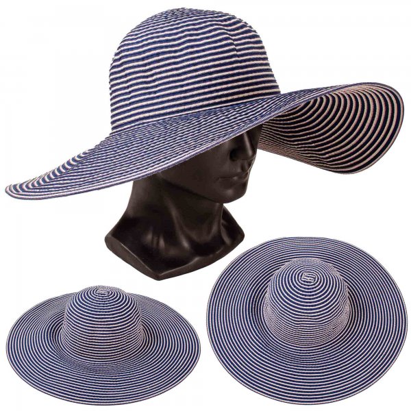 8754 NAVY/GREY LADIES EXTRA WIDE BRIM STRIPY SUN HAT