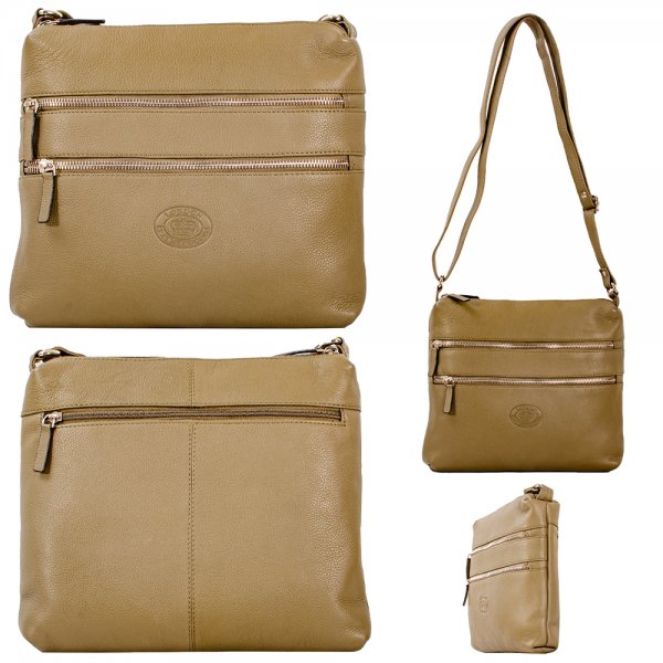 0596 OLIVE PEBBLE LEATHER TWIN TOP ZIP RFID X-BODY BAG