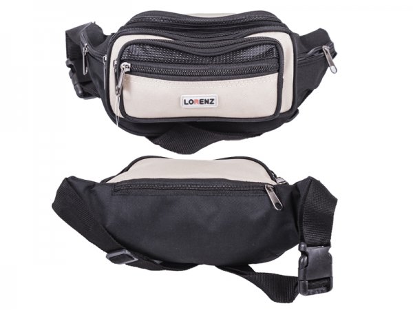 8046 Black/Beige Mulit Zip Bumbag-7 Zips & 2 Frnt Pouches