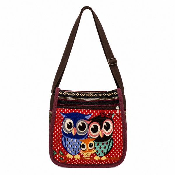 LL-182 OWL PRINT RED CANVAS BAG
