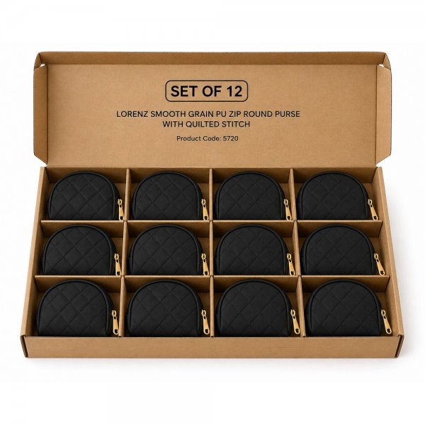 5720 Black Lorenz Smooth Grain PU Zip Round Purse Set of 12