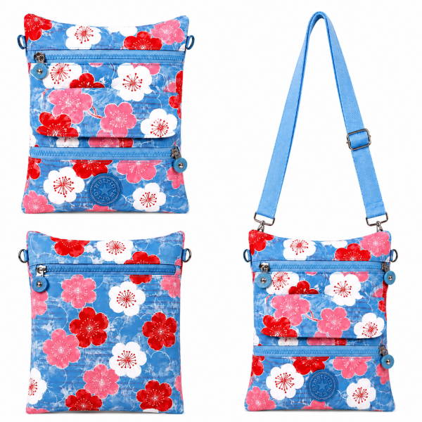 LL-46P BLUE FLOWER RND X-BODY BAG WITH ADJUSTABLE STRAP