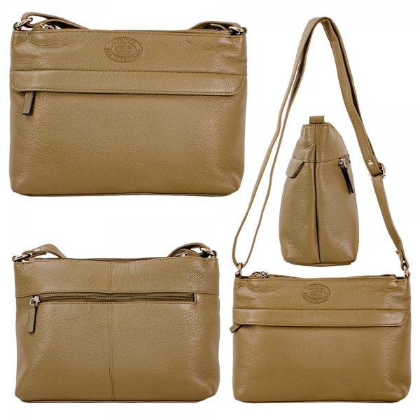 0597 OLIVE PEBBLE LEATHER TWIN TOP ZIP RFID SHOULDER BAG