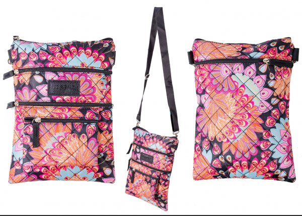 2586 BLACK MULTI FLOWER BODY BAG 5 ZIPS