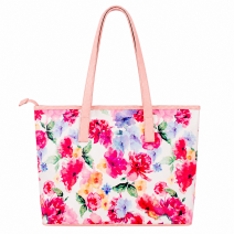 5718 WHITE FLORAL PU LARGE TOP ZIP TOTE/SHOPPING/SHOULDER BAG