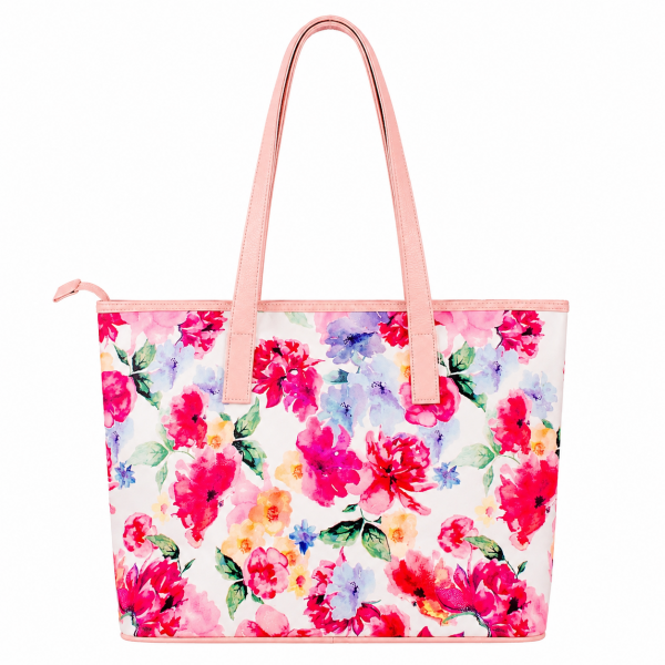 5718 WHITE FLORAL PU LARGE TOP ZIP TOTE/SHOPPING/SHOULDER BAG