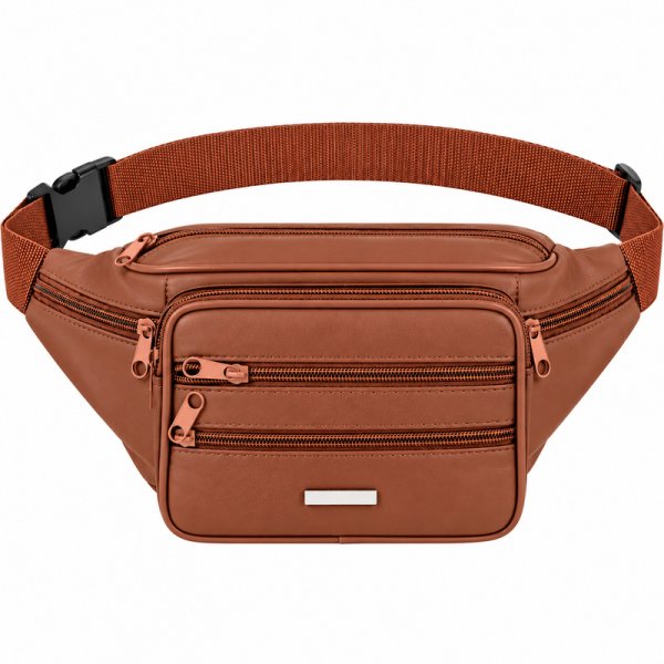 1442 Brown Leather Bum Bag W/6 Zips (New)
