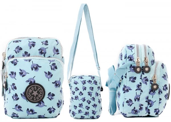 LL-9P LIGHT BLUE PETALS METRO SHOULDER POUCH WITH 3 ZIPS