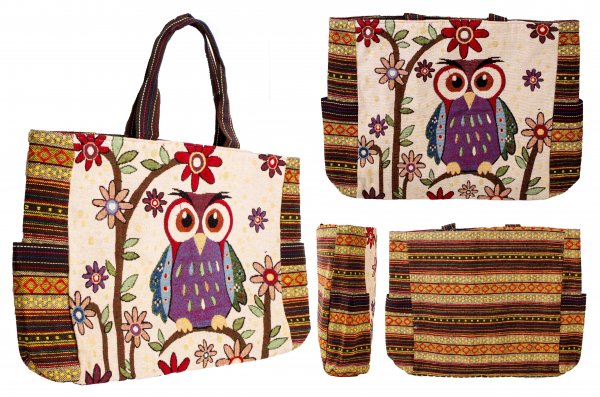 LL-120 FLORAL OWL PRINT CANVAS SHOPPING BAG