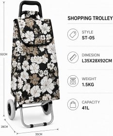 LL-ST05 BLACK WHITE FLORAL PRINT 2 WHEEL SHOPPING TROLLEY