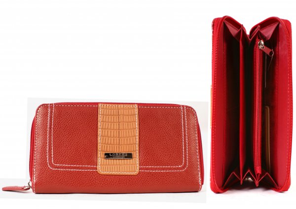 7615 RED LEATHER GRAIN PU ZIP ROUND PURSE WITH INNER ZIP -T110