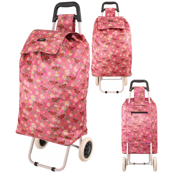 MS-001 FLOWER AND BUTTERFLY PATTERN PINK TWO WHEEL SHOPPING CART