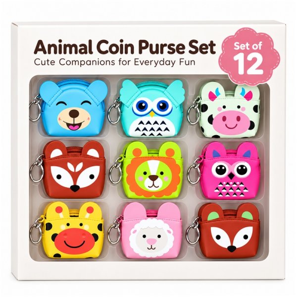 7091 Cute Animals Printed Coin Purse with Straigh Zip Set Of 12
