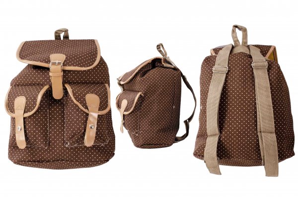 2610 BROWN WHITE DOTTED CANVAS BACKPACK WITH 2 FRONT POCKETS