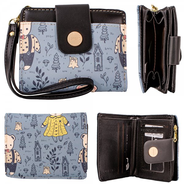 7249 BLACK TEDDY PRINT SMALL PU WRIST PURSE W/COIN SECTION