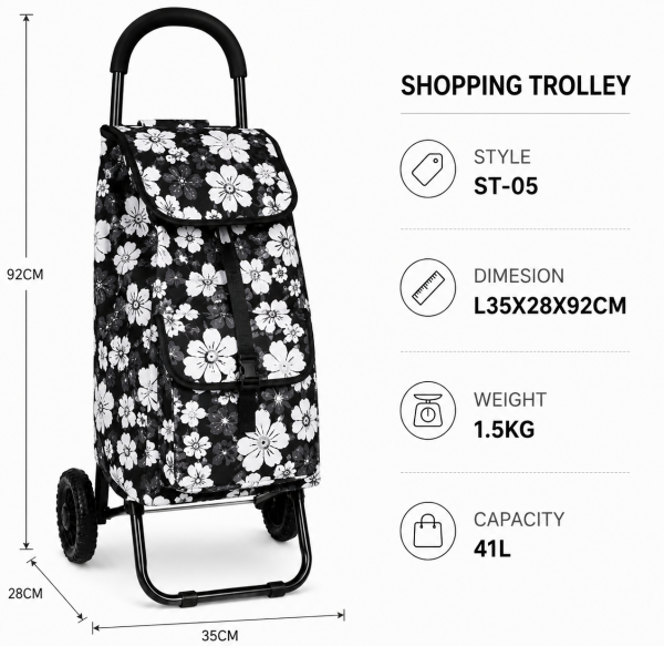 6966 Black Floral 2 Wheeler Trolley Bag