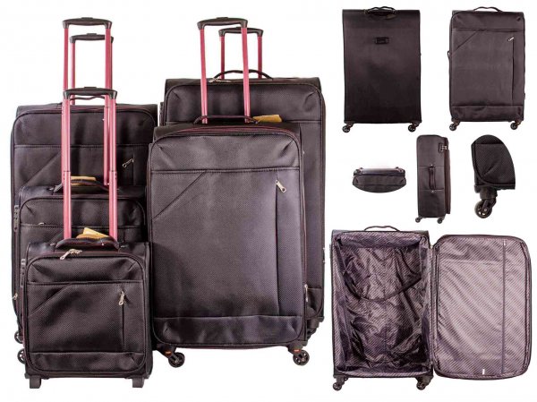 7004 BLACK/PURPLE LIGHTWEIGHT SET OF 5 TRAVEL TROLLEY SUITCASES