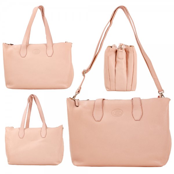 0599 NUDE PEBBLE LEATHER TRIPPLE COMPARTMENT RFID SHOULDER BAG