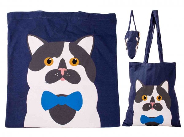 GRACE102 BLUE CANVAS TOTE CAT SHOPPING/BEACH BAG