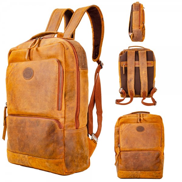 0865 TAN/CAMEL HUNTER LEATHER RFID BACKPACK W/ BACK ZIP & 3 ZIP