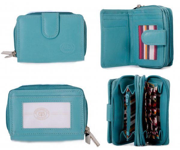 1073 Turquoise Sft C.Nappa Twin Zip Rnd Purse, Pass Pocket