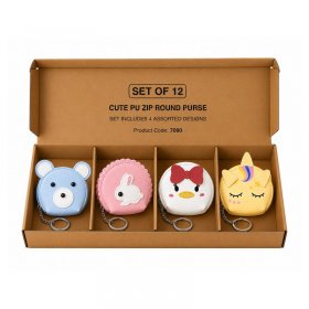 7090 Assorted Animal Cute PU Zip Round Purse Set of 12