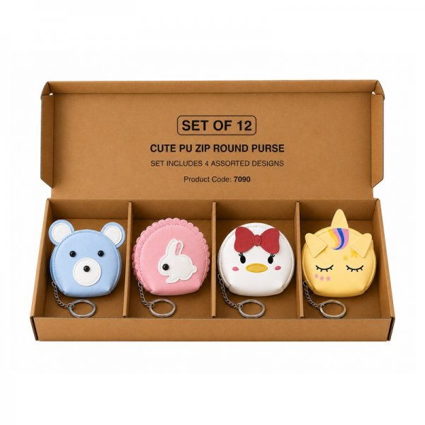7090 Assorted Animal Cute PU Zip Round Purse Set of 12