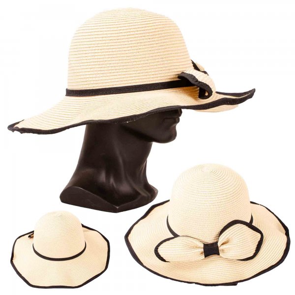 8755 BEIGE LADIES MEDIUM BRIM SUN HAT WITH STRAW BOW