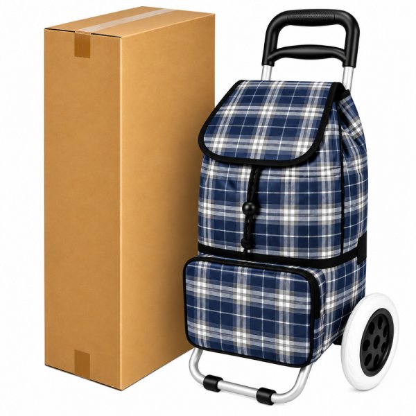 ST-02 Box Of 10 Blue Grey Check 2 Wheeler Trolley (New)