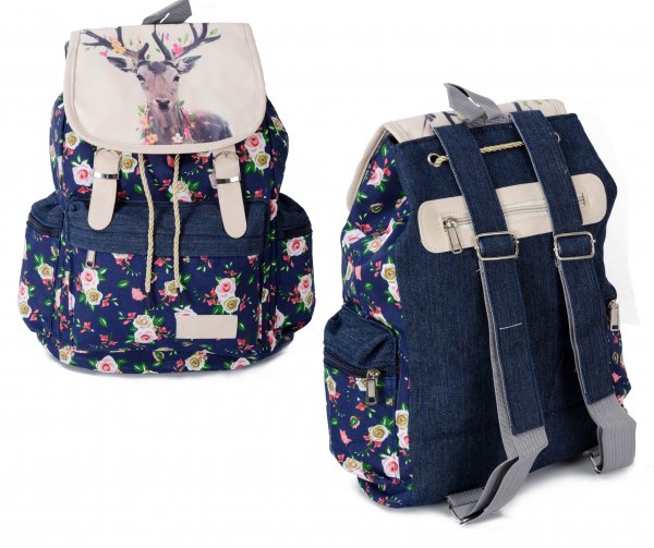 2609 Floral Stag Canvas Backpack wt 1 Frnt & 2 Side Pockets