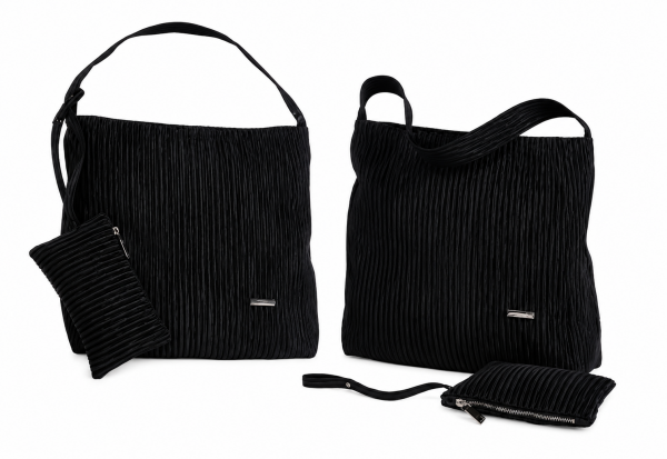 5848 Black Pleated Tote Shoulder Bag with Matching Wristlet