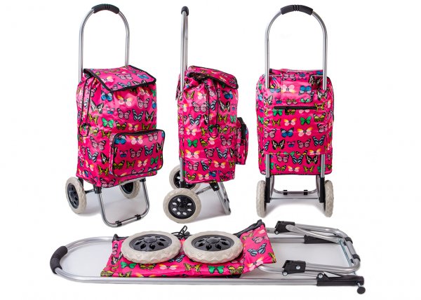 ST-03-BFP RED BFLY PRINT 2 WHEEL SHOPPING TROLLEY