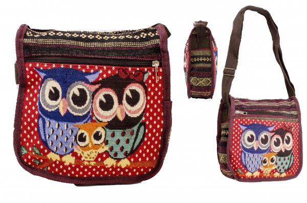 LL-182 OWL PRINT RED CANVAS BAG
