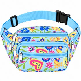 8056 Blue Floral Bright Colored Multizip Bumbag (New)