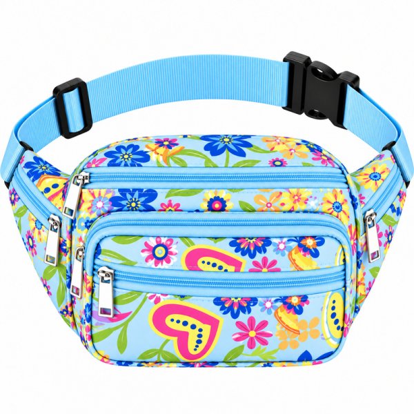 8056 Blue Floral Bright Colored Multizip Bumbag (New)
