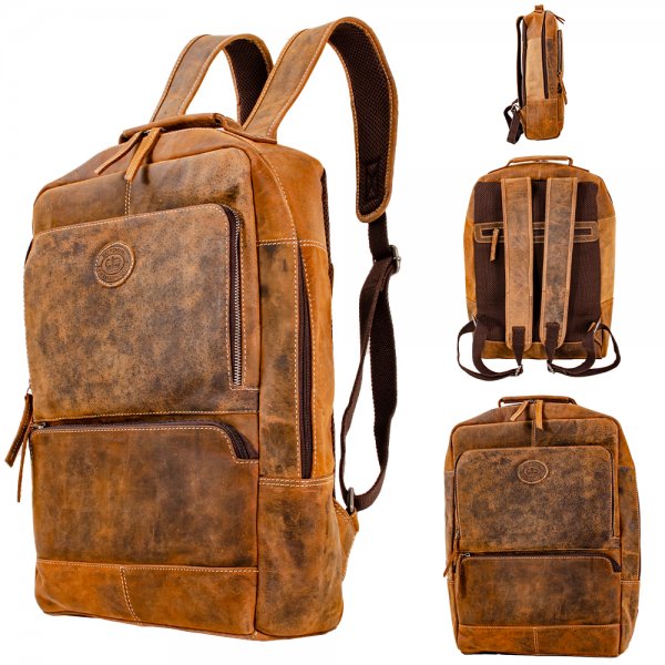 0865 D. BROWN/TAN HUNTER LTHR RFID BACKPACK W/BACK ZIP & 3 ZIP